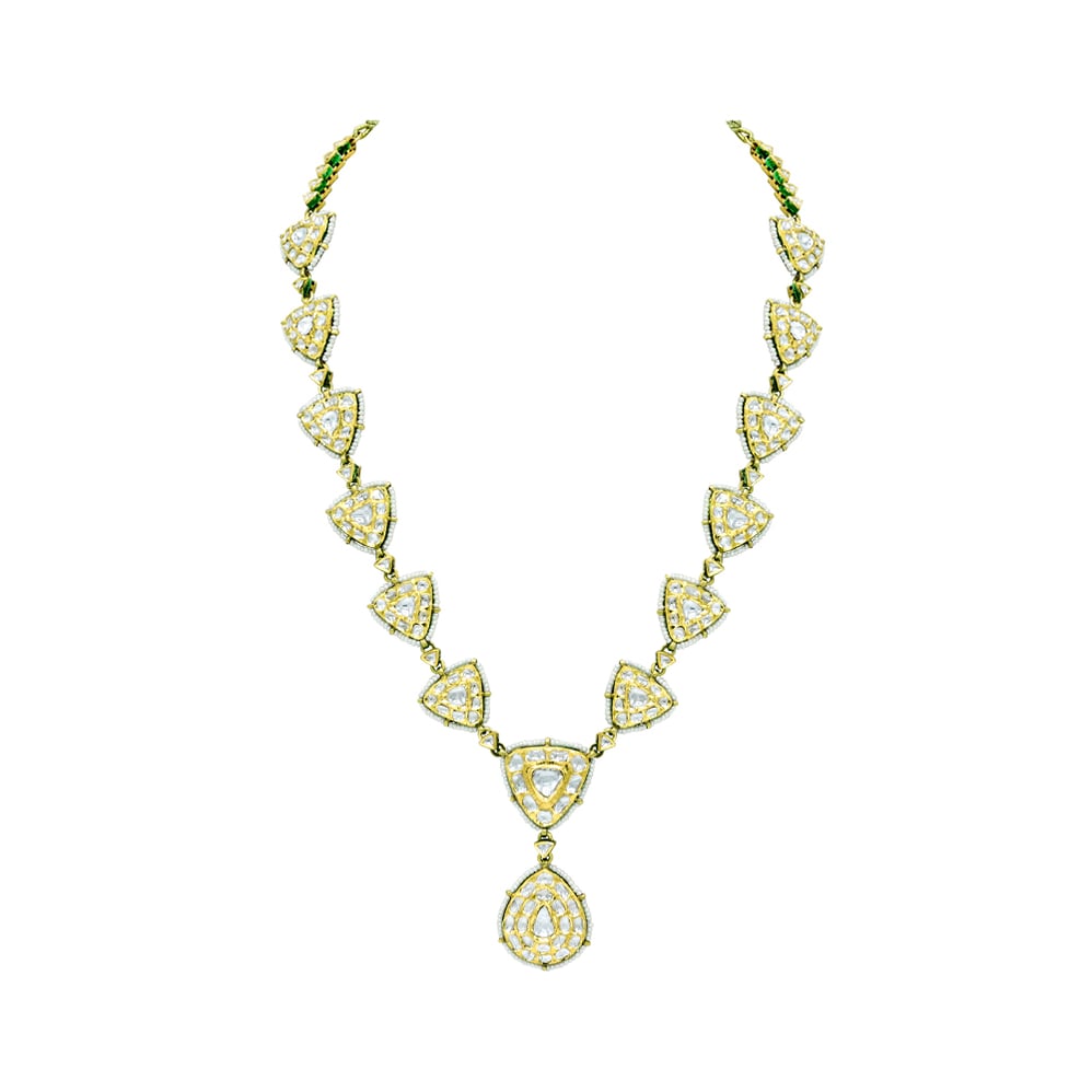 Gold Polki Necklace with Triangular and Teardrop Motifs